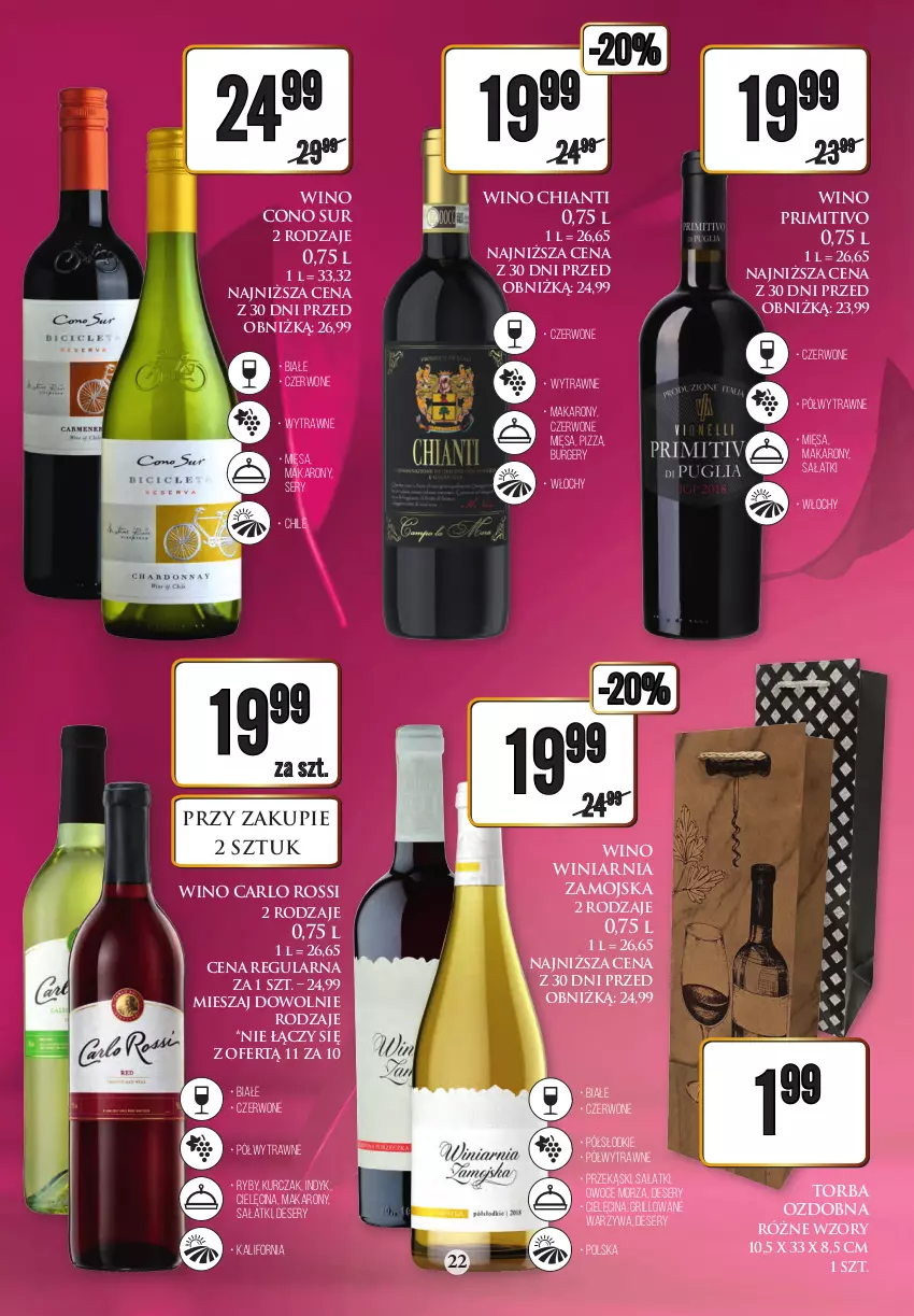 Gazetka promocyjna Dino - Katalog alkoholowy 20-25.11 - ważna 20.11 do 25.11.2023 - strona 22 - produkty: Burger, Carlo Rossi, Chia, Chianti, Deser, Grill, Kurczak, Makaron, Owoce, Owoce morza, Pizza, Sałat, Ser, Torba, Warzywa, Winiarnia Zamojska, Wino