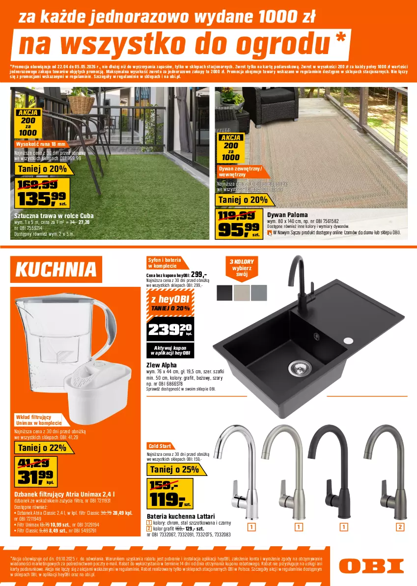 Gazetka promocyjna Obi - Gazetka OBI - ważna 22.04 do 05.05.2026 - strona 9 - produkty: Bateria, Bateria kuchenna, Dywan, Dzbanek, Dzbanek filtrujący, Gra, Kosiarka, Kosz, Kuchnia, Nawóz, Sok, Syfon, Top, Wkład filtrujący, Zlew
