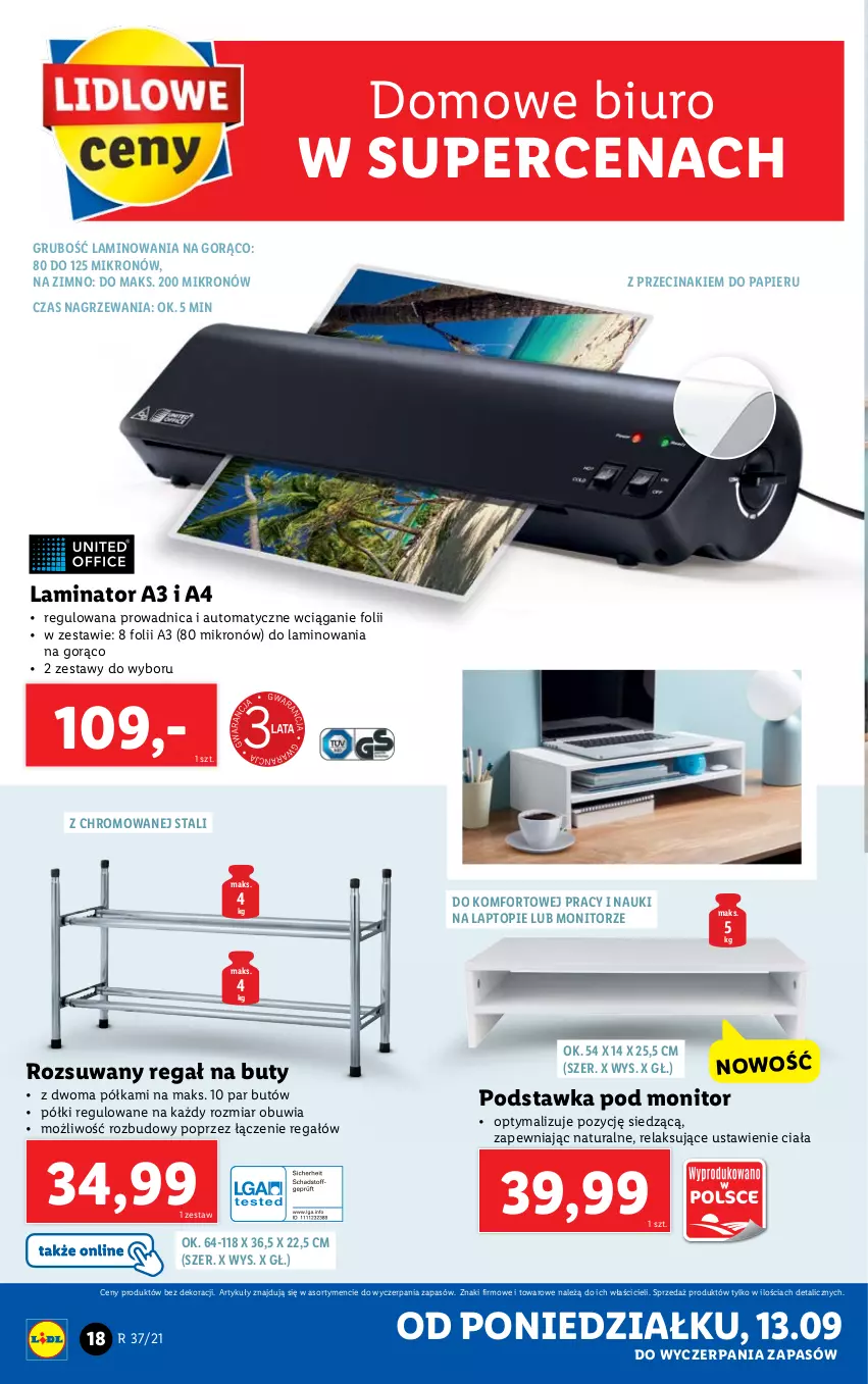 Gazetka promocyjna Lidl - GAZETKA - ważna 13.09 do 19.09.2021 - strona 18 - produkty: Biuro, Buty, Monitor, Papier, Półka, Regał, Top