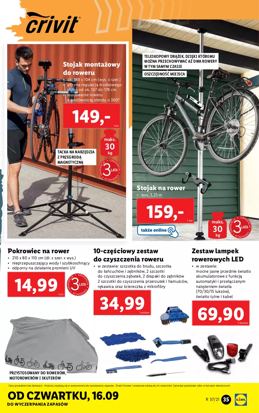 Gazetka promocyjna Lidl - GAZETKA - ważna 13.09 do 19.09.2021 - strona 35 - produkty: Akumulator, Drapak, Pokrowiec, Por, Rower, Stojak, Szczotka, Teleskop