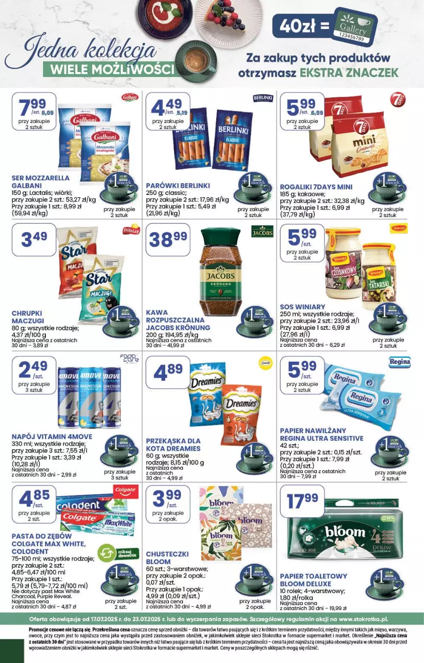 Gazetka promocyjna Stokrotka - Supermarket - ważna 17.07 do 23.07.2025 - strona 18 - produkty: Berlinki, Chrupki, Colgate, Galbani, Gin, Jacobs, Kakao, Kawa, LG, Mięso, Mozzarella, Owoce, Papier, Papier toaletowy, Parówki, Pasta do zębów, Pur, Rogal, Ser, Sos, Warzywa, Winiary