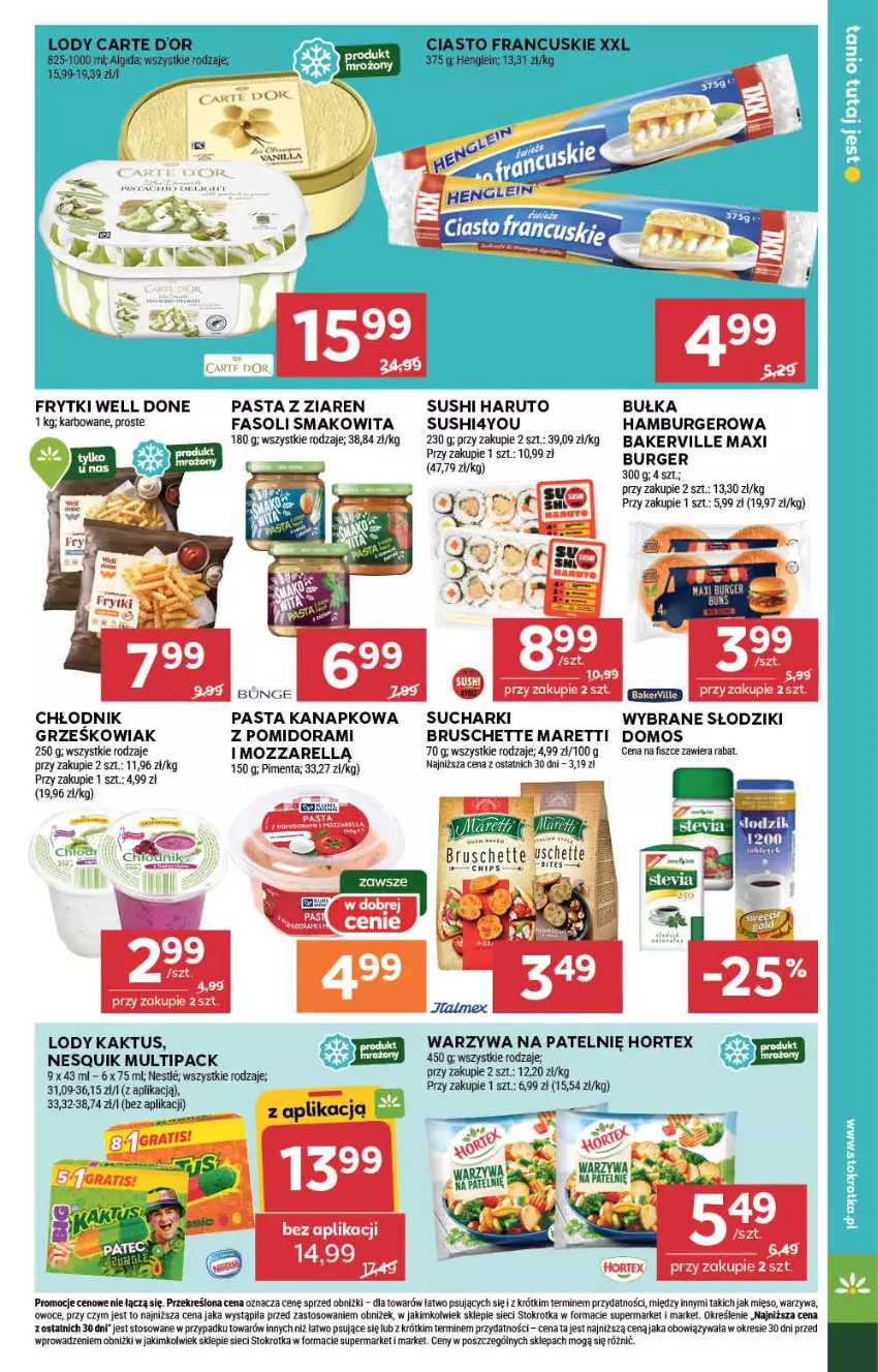 Gazetka promocyjna Stokrotka - Supermarket - ważna 17.07 do 23.07.2025 - strona 35 - produkty: Bruschette, Bułka, Burger, Ciasto francuskie, Fa, Frytki, Hamburger, Hortex, Kaktus, Lody, Mięso, Nesquik, Owoce, Smakowita, Sushi, Warzywa