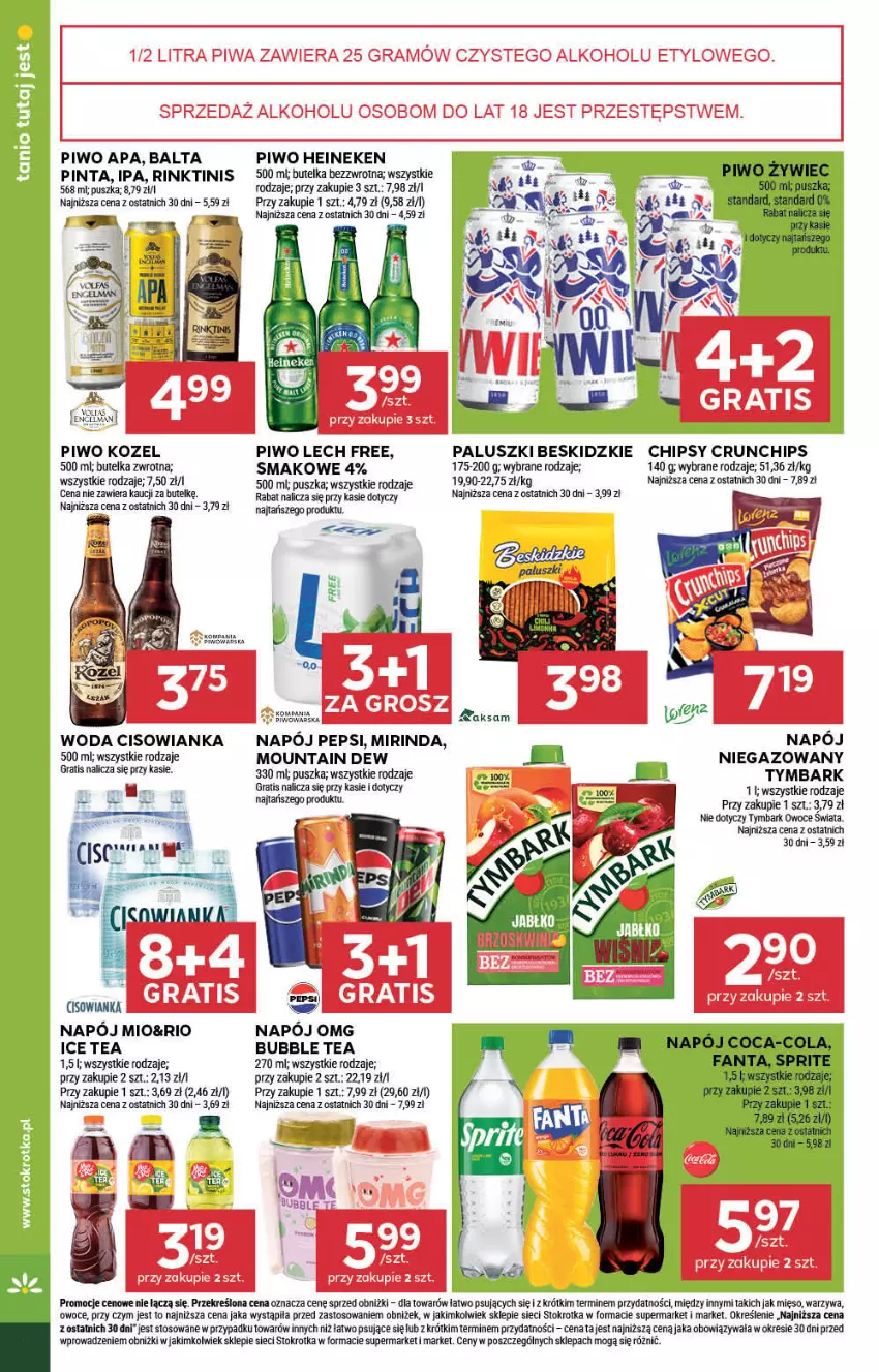 Gazetka promocyjna Stokrotka - Supermarket - ważna 17.07 do 23.07.2025 - strona 36 - produkty: Beskidzki, Celma, Chipsy, Cisowianka, Coca-Cola, Crunchips, Fa, Fanta, Gra, Heineken, Ice tea, Kozel, Mięso, Mirinda, Napój, Owoce, Pepsi, Piwa, Piwo, Sprite, Tymbark, Warzywa, Woda