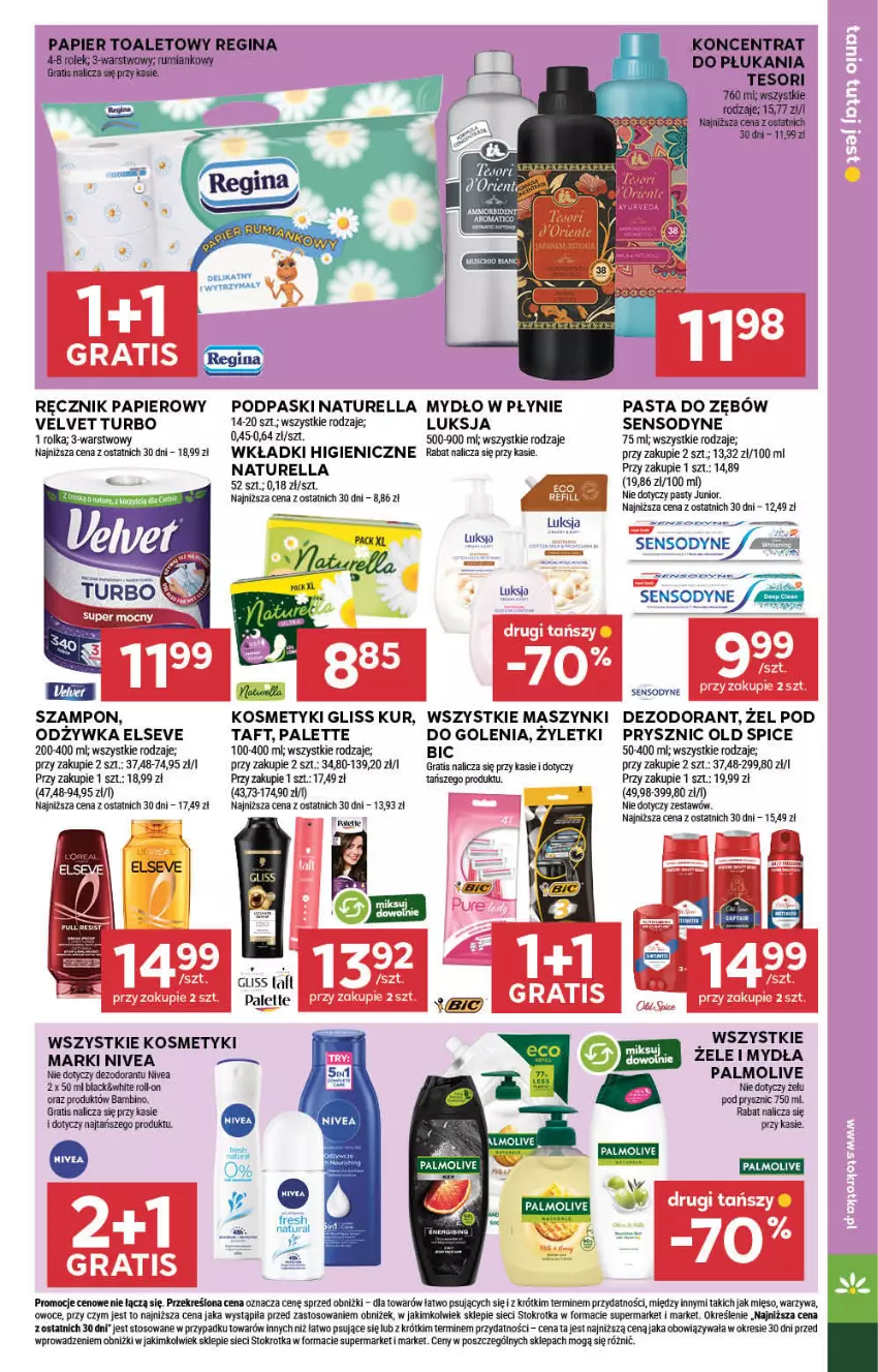 Gazetka promocyjna Stokrotka - Supermarket - ważna 17.07 do 23.07.2025 - strona 41 - produkty: BIC, Dezodorant, Elseve, Gin, Gliss Kur, Gra, Lack, Luksja, Mięso, Mydło, Naturell, Naturella, Nivea, Odżywka, Old Spice, Owoce, Palette, Palmolive, Papier, Papier toaletowy, Pasta do zębów, Podpaski, Ręcznik, Rum, Sensodyne, Szampon, Taft, Velvet, Warzywa, Wkładki