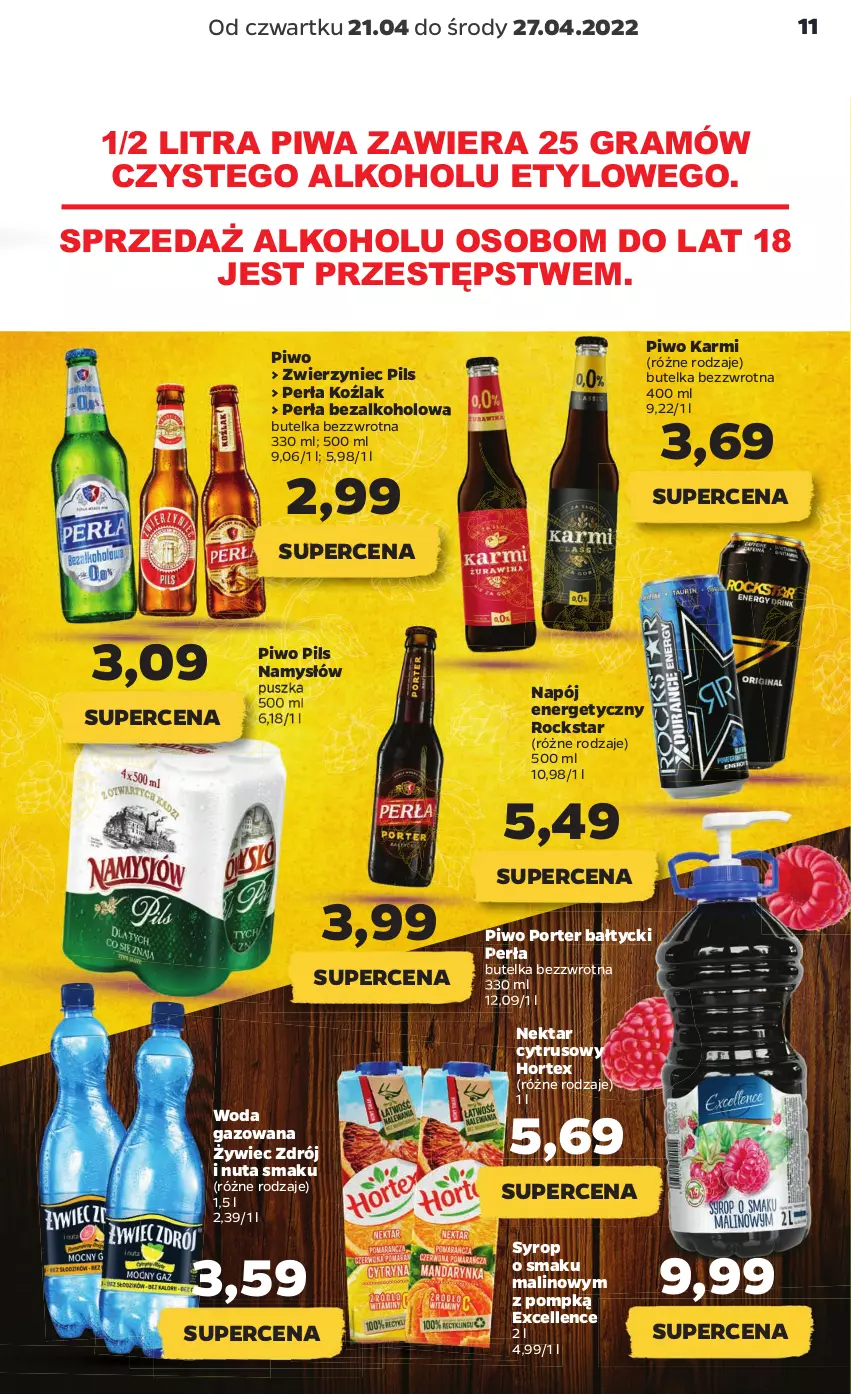 Gazetka promocyjna Netto - Gazetka spożywcza 21.04-27.04 - ważna 21.04 do 27.04.2022 - strona 11 - produkty: Gra, Hortex, Karmi, Namysłów, Napój, Napój energetyczny, Nektar, Perła, Piwa, Piwo, Por, Syrop, Woda, Woda gazowana