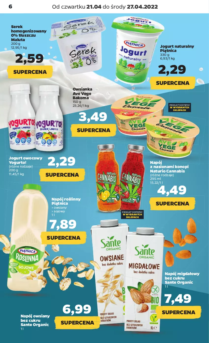 Gazetka promocyjna Netto - Gazetka spożywcza 21.04-27.04 - ważna 21.04 do 27.04.2022 - strona 6 - produkty: Bakoma, Jogurt, Jogurt naturalny, Jogurt owocowy, Napój, Napój roślinny, Owsianka, Piątnica, Sante, Ser, Serek, Serek homogenizowany