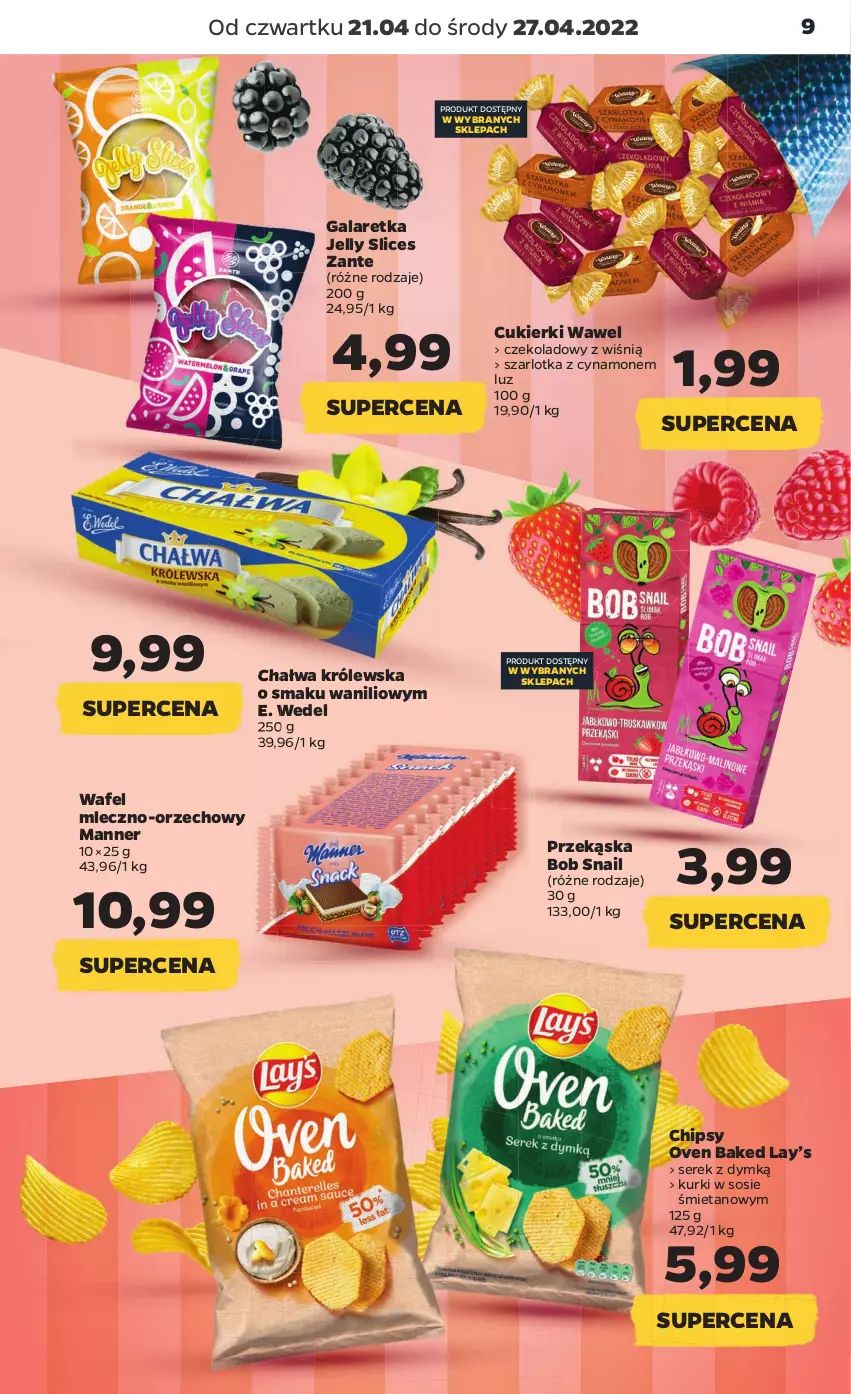 Gazetka promocyjna Netto - Gazetka spożywcza 21.04-27.04 - ważna 21.04 do 27.04.2022 - strona 9 - produkty: Chałwa, Chipsy, Cukier, Cukierki, E. Wedel, Gala, Galaretka, Lay’s, Ser, Serek, Sos, Szarlotka, Wawel