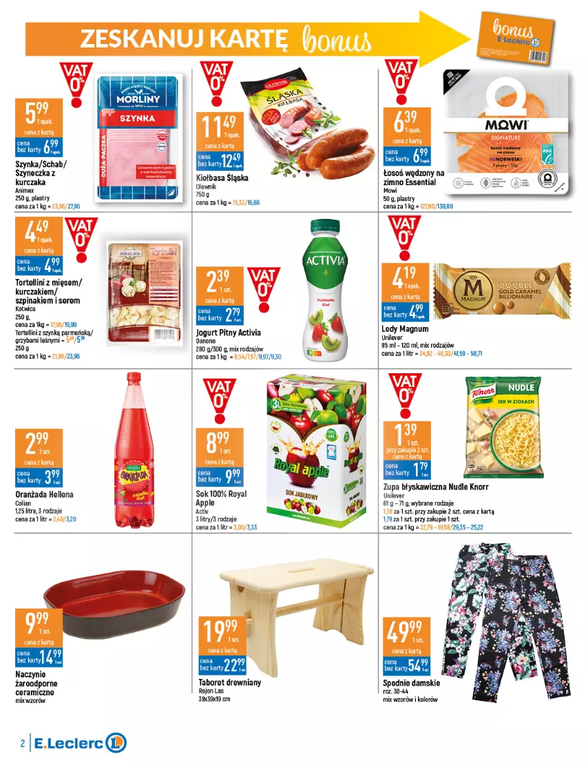 Gazetka promocyjna E Leclerc - ważna 22.03 do 02.04.2022 - strona 2 - produkty: Activia, Danone, Fa, Hellena, Jogurt, Jogurt pitny, Kiełbasa, Kiełbasa śląska, Knorr, Kurczak, Lion, Naczynie żaroodporne, Olewnik, Oranżada, Por, Ser, Sok, Spodnie, Szpinak, Taboret, Zupa