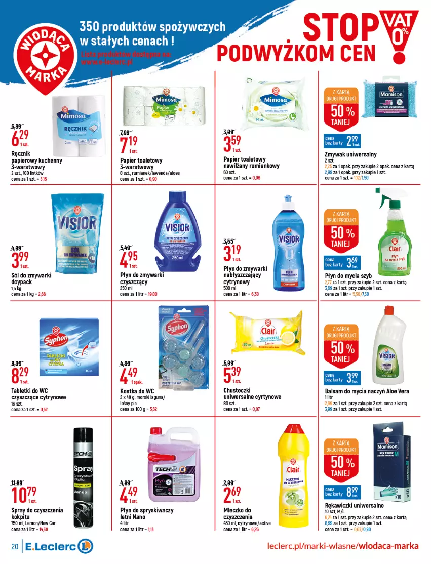 Gazetka promocyjna E Leclerc - ważna 22.03 do 02.04.2022 - strona 20 - produkty: Aloe vera, Balsam do mycia naczyń, Chusteczki, Do mycia naczyń, Kostka do wc, Mleczko, Papier, Papier toaletowy, Płyn do mycia, Płyn do spryskiwaczy, Ręcznik, Rum, Sól, Spray do czyszczenia, Tablet, Zmywarki