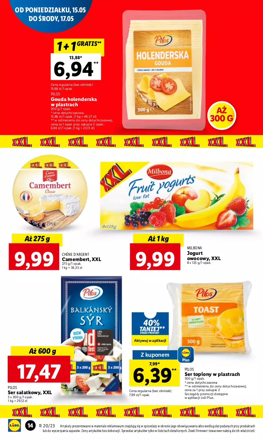 Gazetka promocyjna Lidl - GAZETKA - ważna 15.05 do 17.05.2023 - strona 14 - produkty: Camembert, Gouda, Gra, Jogurt, Jogurt owocowy, Pilos, Sałat, Ser, Ser topiony, Top