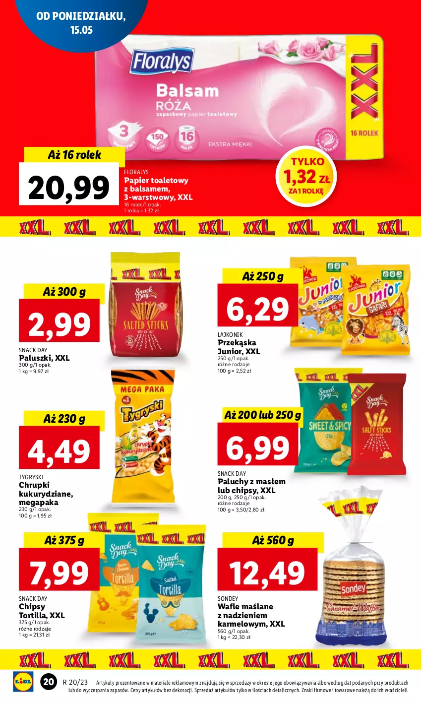 Gazetka promocyjna Lidl - GAZETKA - ważna 15.05 do 17.05.2023 - strona 20 - produkty: Chipsy, Chrupki, Flora, Gry, Lajkonik, Papier, Papier toaletowy, Tortilla