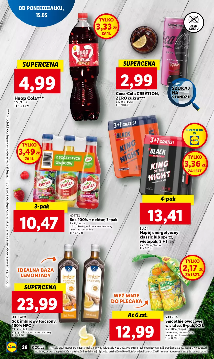 Gazetka promocyjna Lidl - GAZETKA - ważna 15.05 do 17.05.2023 - strona 28 - produkty: Coca-Cola, Fa, Hoop, Hortex, Imbir, Lack, Napój, Napój energetyczny, Nektar, Oleo, Oleofarm, Plecak, Smoothie, Sok, Sok jabłkowy, Wino