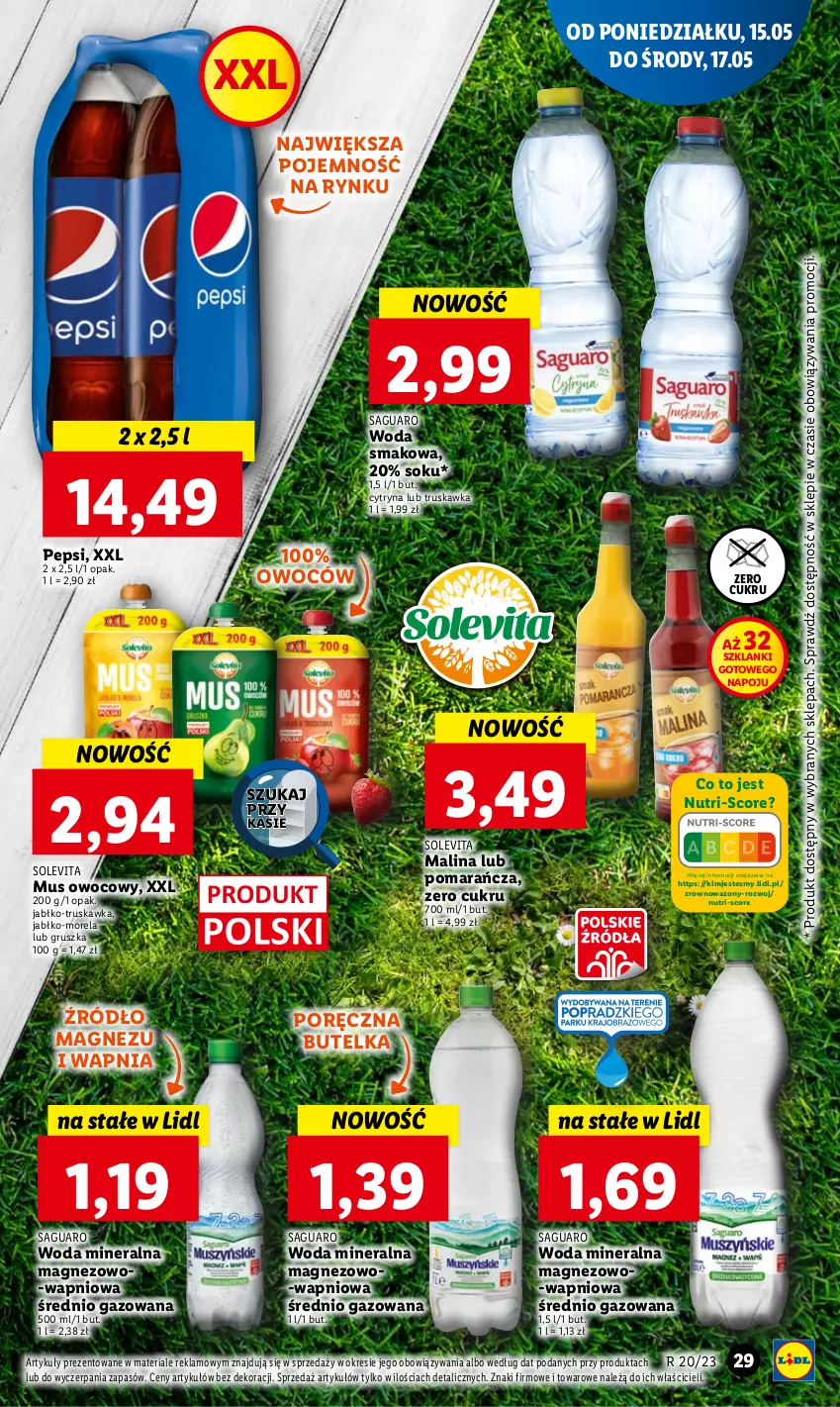 Gazetka promocyjna Lidl - GAZETKA - ważna 15.05 do 17.05.2023 - strona 29 - produkty: Lanki, Magnez, Morela, Mus, Pepsi, Por, Sok, Wazon, Woda, Woda mineralna