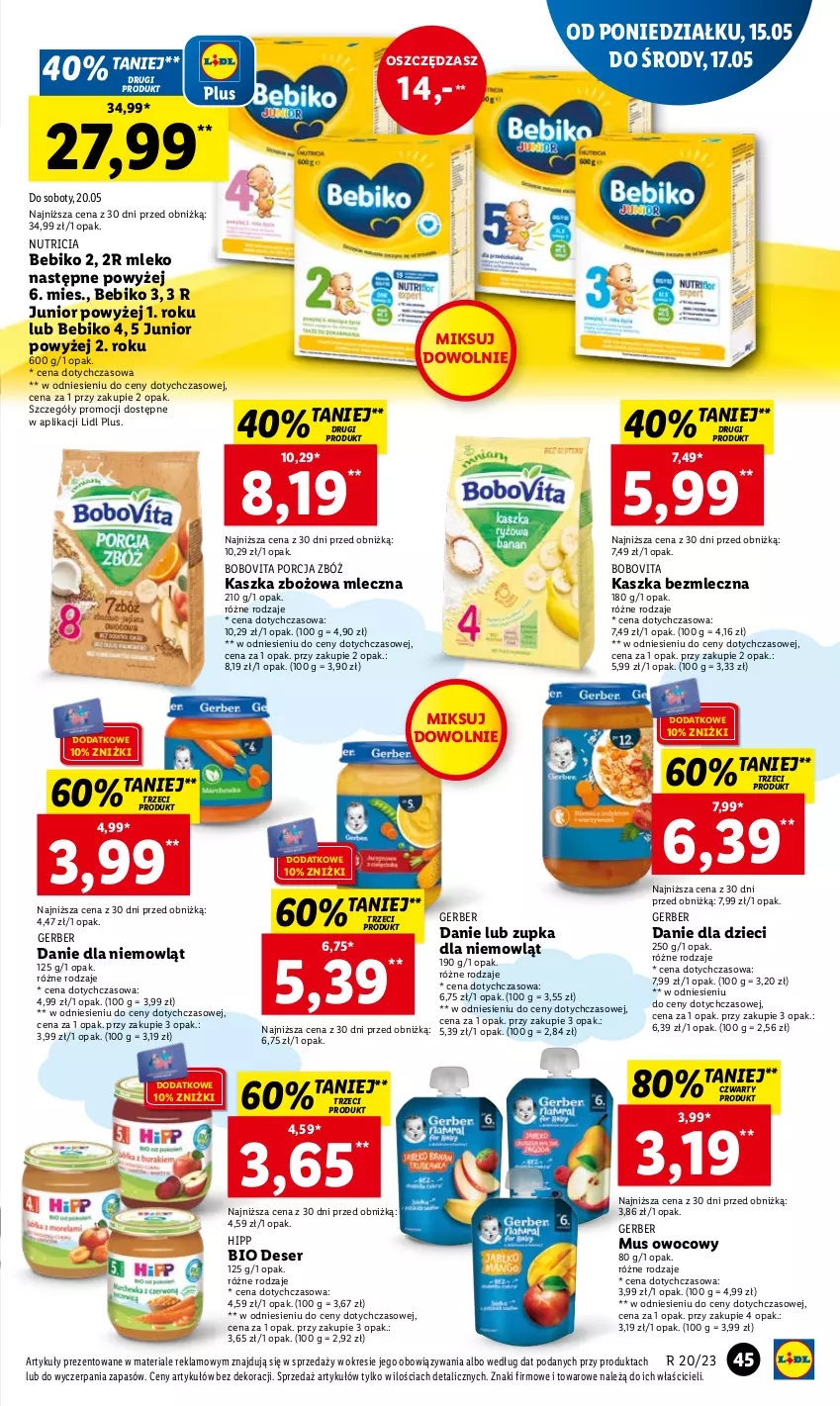 Gazetka promocyjna Lidl - GAZETKA - ważna 15.05 do 17.05.2023 - strona 45 - produkty: Bebiko, BoboVita, Danie dla dzieci, Deser, Dzieci, Gerber, HiPP, Hipp Bio, Mleko, Mus, O nas, Por, Ser