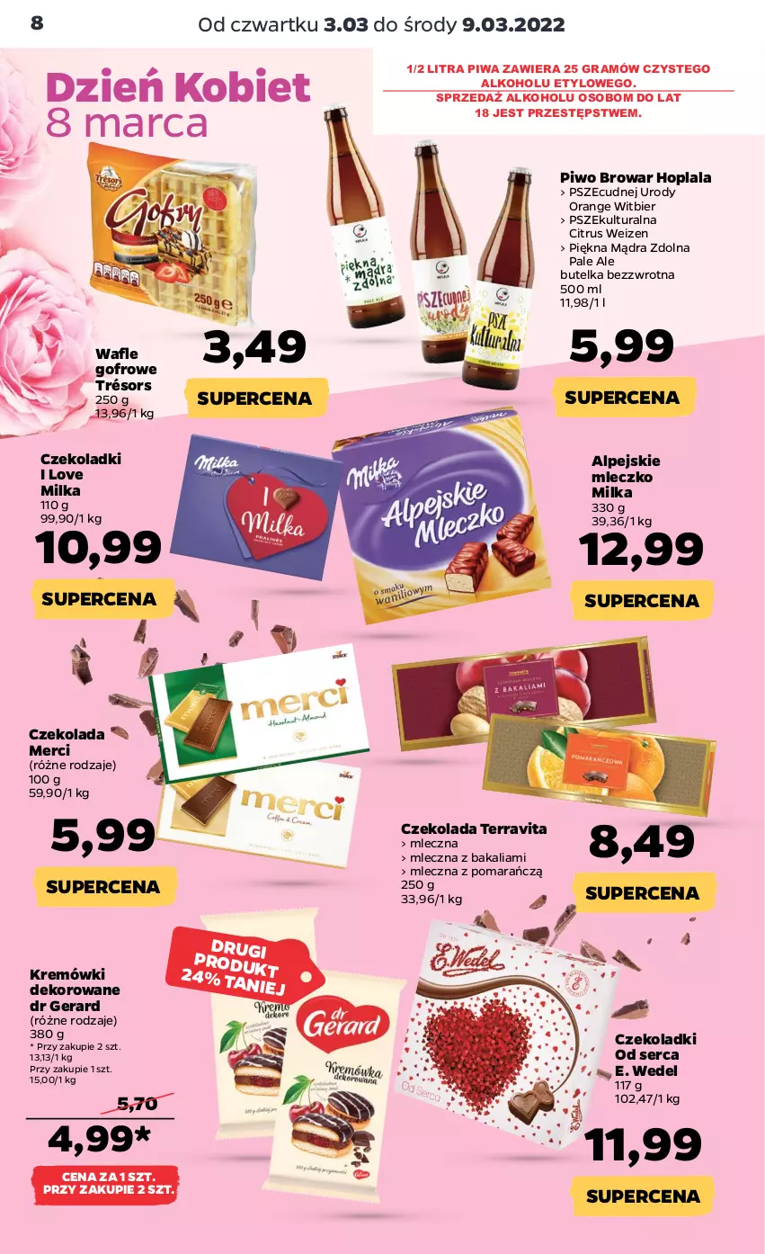 Gazetka promocyjna Netto - Gazetka spożywcza 3.03-9.03 - ważna 03.03 do 09.03.2022 - strona 8 - produkty: Czekolada, Dr Gerard, E. Wedel, Gra, Merci, Milka, Mleczko, Piwa, Piwo, Ser, Wafle