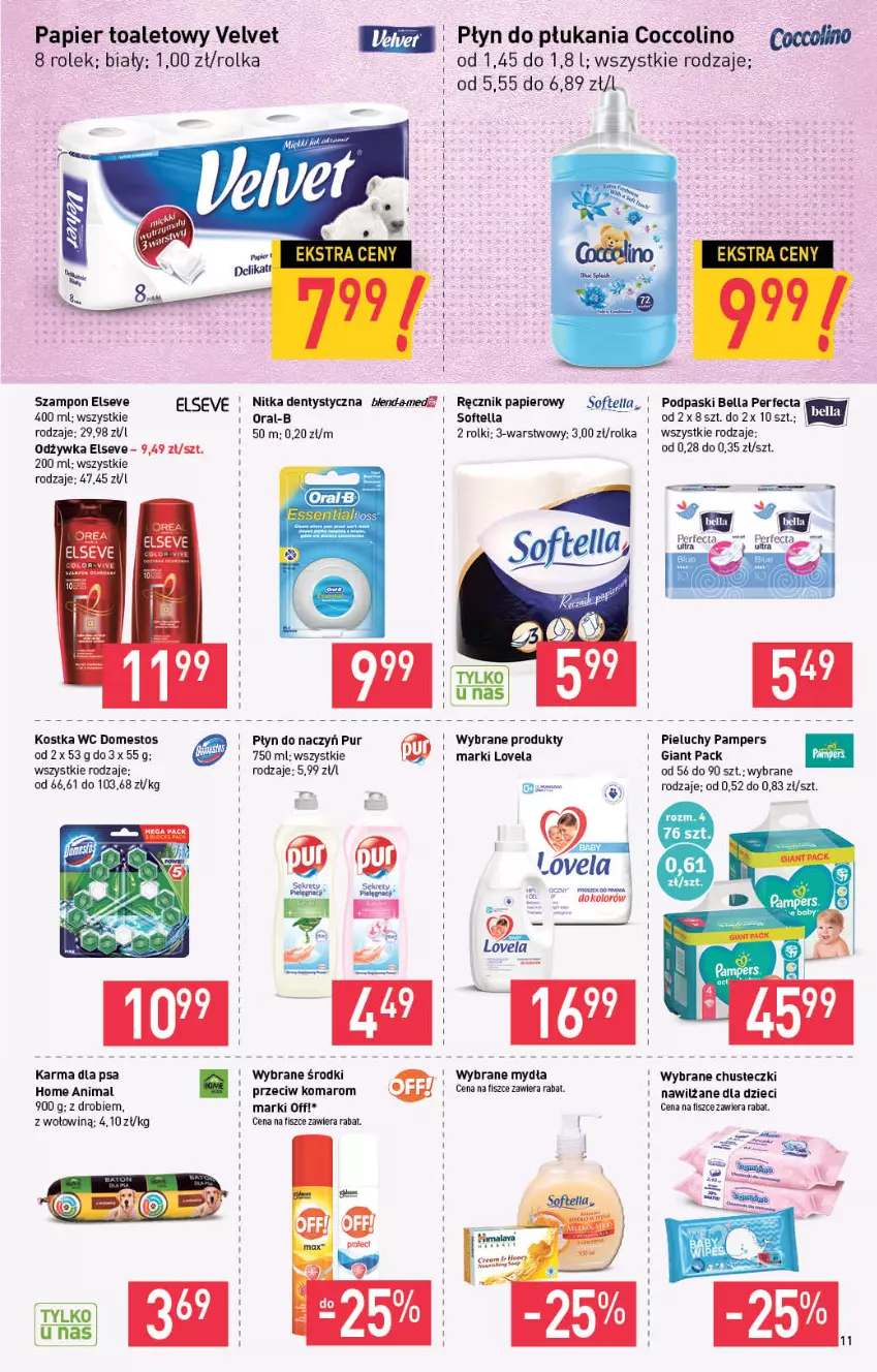 Gazetka promocyjna Stokrotka - Market - ważna 22.07 do 28.07.2021 - strona 11 - produkty: Bell, Bella, Chusteczki, Coccolino, Domestos, Dzieci, Elseve, Kret, Lovela, Odżywka, Pampers, Papier, Papier toaletowy, Perfecta, Pieluchy, Płyn do płukania, Podpaski, Pur, Ręcznik, Rolki, Szampon, Velvet