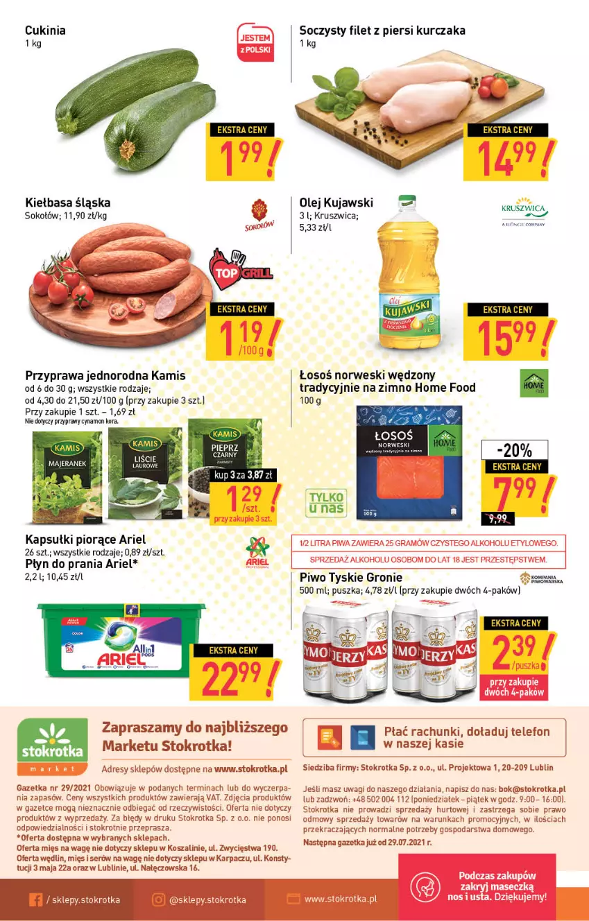 Gazetka promocyjna Stokrotka - Market - ważna 22.07 do 28.07.2021 - strona 12 - produkty: Ariel, Dres, Filet z piersi kurczaka, JBL, Kamis, Karp, Kiełbasa, Kiełbasa śląska, Kosz, Kujawski, Kurczak, O nas, Olej, Pieprz, Piwo, Płyn do prania, Przyprawy, Ser, Sok, Sokołów, Szal, Telefon, Tyskie, Wagi