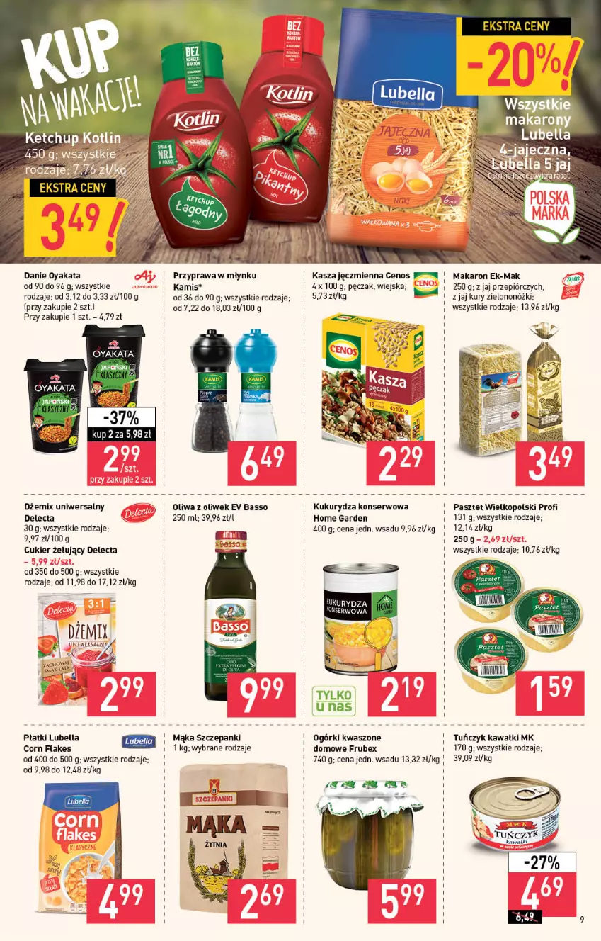 Gazetka promocyjna Stokrotka - Market - ważna 22.07 do 28.07.2021 - strona 9 - produkty: Bell, Bella, Cenos, Corn flakes, Cukier, Delecta, Dżem, Kamis, Kasza, Kasza jęczmienna, Kawa, Kukurydza, Kukurydza konserwowa, Lubella, Mąka, Makaron, Oliwa z oliwek, Pasztet, Ser, Tuńczyk