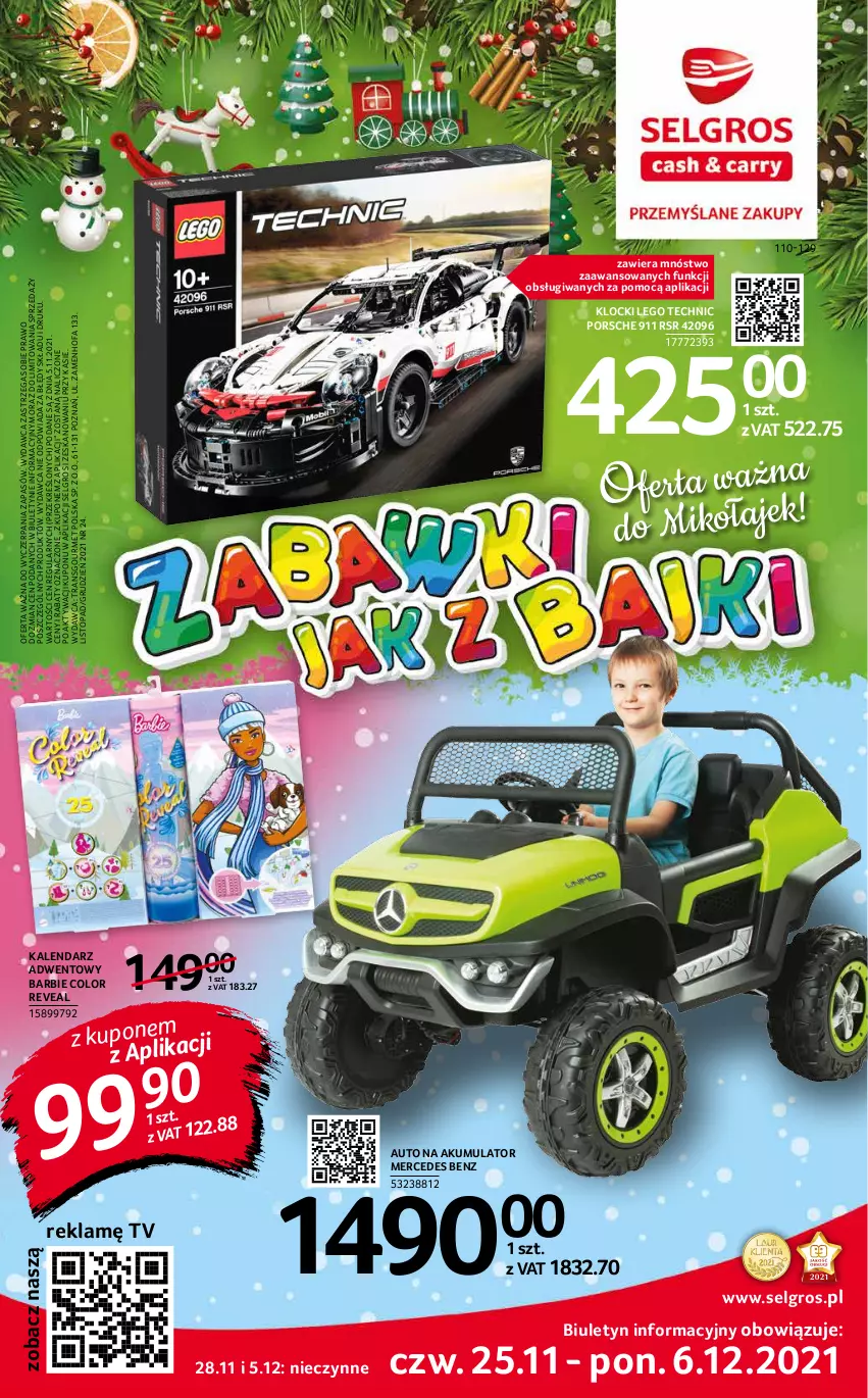 Gazetka promocyjna Selgros - Katalog Zabawki - ważna 25.11 do 01.12.2021 - strona 1 - produkty: Akumulator, Barbie, Fa, Kalendarz, Kalendarz adwentowy, Klocki, LEGO, LEGO Technic, LG, Mercedes Benz, Por, Top, Tran