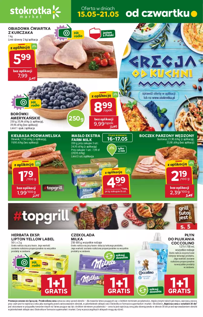 Gazetka promocyjna Stokrotka - Market - ważna 15.05 do 21.05.2025 - strona 1 - produkty: Boczek, Coccolino, Czekolada, Fa, Farm Milk, Gra, Herbata, Kiełbasa, Kiełbasa podwawelska, Kurczak, Lipton, Masło, Mięso, Milka, Olewnik, Owoce, Płyn do płukania, Por, Warzywa, Wawel