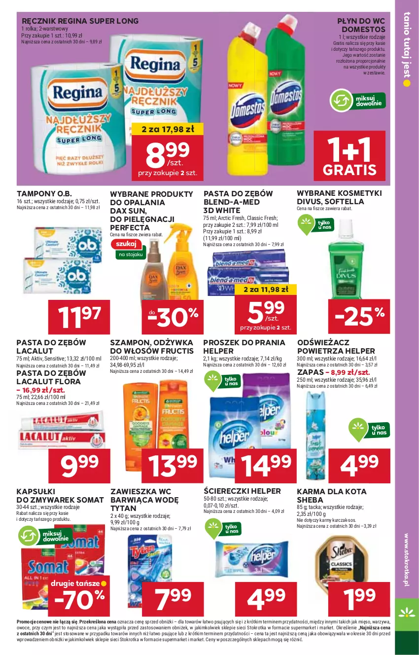 Gazetka promocyjna Stokrotka - Market - ważna 15.05 do 21.05.2025 - strona 22 - produkty: Blend-a-Med, DAX, Domestos, Flora, Fructis, Gin, Gra, Kurczak, Lacalut, Mięso, O.B., Odświeżacz powietrza, Odżywka, Owoce, Pasta do zębów, Perfecta, Płyn do wc, Por, Proszek do prania, Ręcznik, Sheba, Somat, Sos, Szampon, Tampony, Tytan, Warzywa