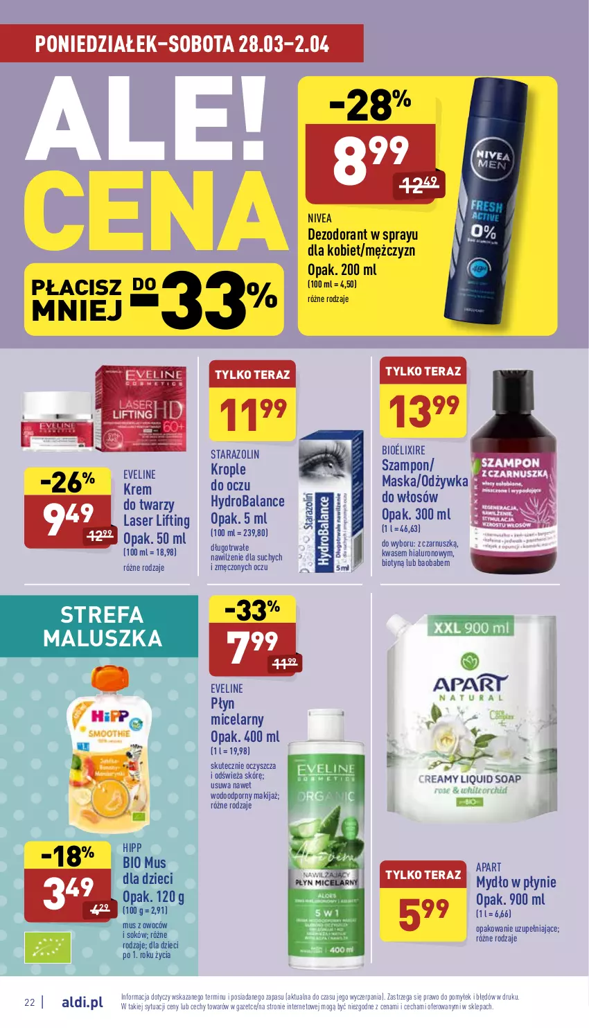 Gazetka promocyjna Aldi - Katalog spożywczy - ważna 28.03 do 02.04.2022 - strona 22 - produkty: Dezodorant, Dzieci, Eveline, Fa, HiPP, Hipp Bio, Krem do twarzy, Krople do oczu, Makijaż, Maska, Mus, Mydło, Mydło w płynie, Nivea, Odżywka, Płyn micelarny, Por, Ser, Sok, Szampon, Tera