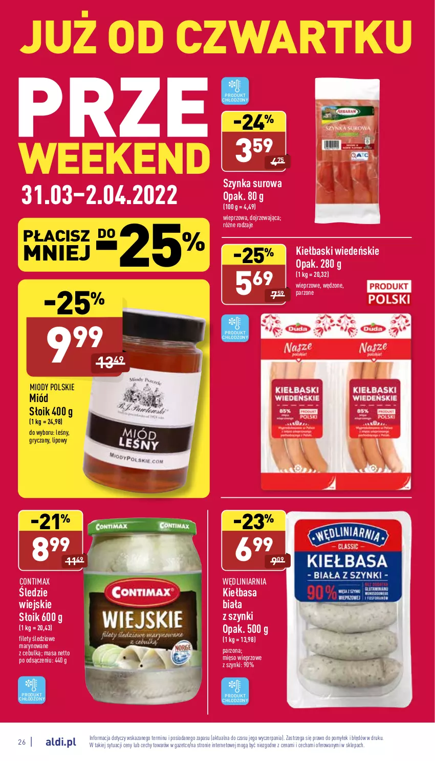 Gazetka promocyjna Aldi - Katalog spożywczy - ważna 28.03 do 02.04.2022 - strona 26 - produkty: Gry, Kiełbasa, Kiełbasa biała, Mięso, Mięso wieprzowe, Miód, Szynka