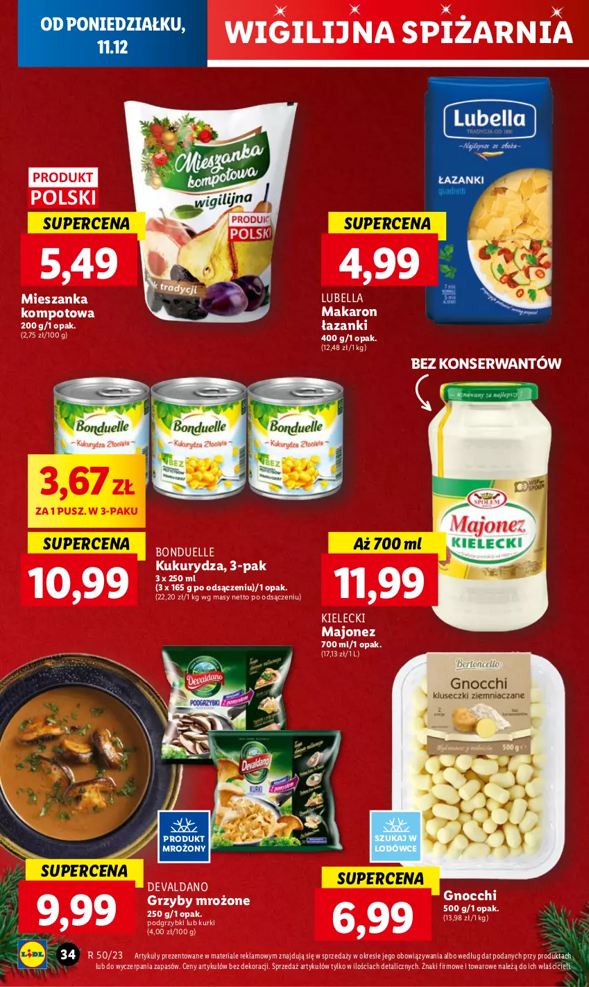 Gazetka promocyjna Lidl - GAZETKA - ważna 11.12 do 13.12.2023 - strona 36 - produkty: Bell, Bella, Bonduelle, Gnocchi, Grzyby, Kukurydza, Lubella, Majonez, Makaron, Mieszanka kompotowa, Podgrzybki, Ser