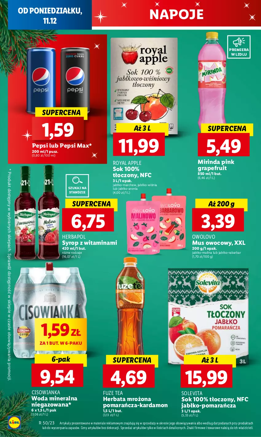 Gazetka promocyjna Lidl - GAZETKA - ważna 11.12 do 13.12.2023 - strona 54 - produkty: Aronia, Cisowianka, Gra, Herbapol, Herbata, Mirinda, Mus, Napoje, Pepsi, Pepsi max, Sok, Syrop, Woda, Woda mineralna