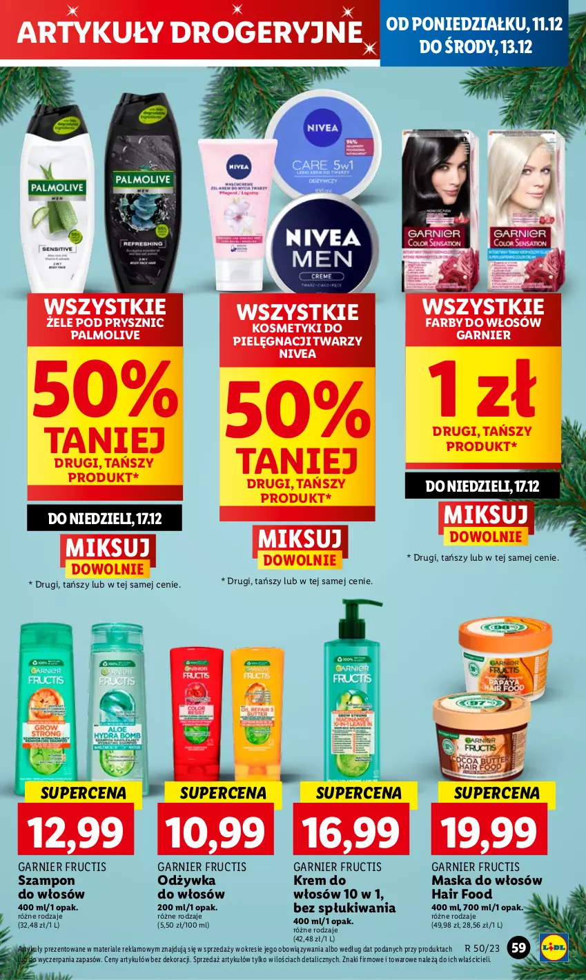 Gazetka promocyjna Lidl - GAZETKA - ważna 11.12 do 13.12.2023 - strona 65 - produkty: Fa, Fructis, Garnier, Kosmetyki do pielęgnacji, Maska, Maska do włosów, Nivea, Odżywka, Palmolive, Szampon