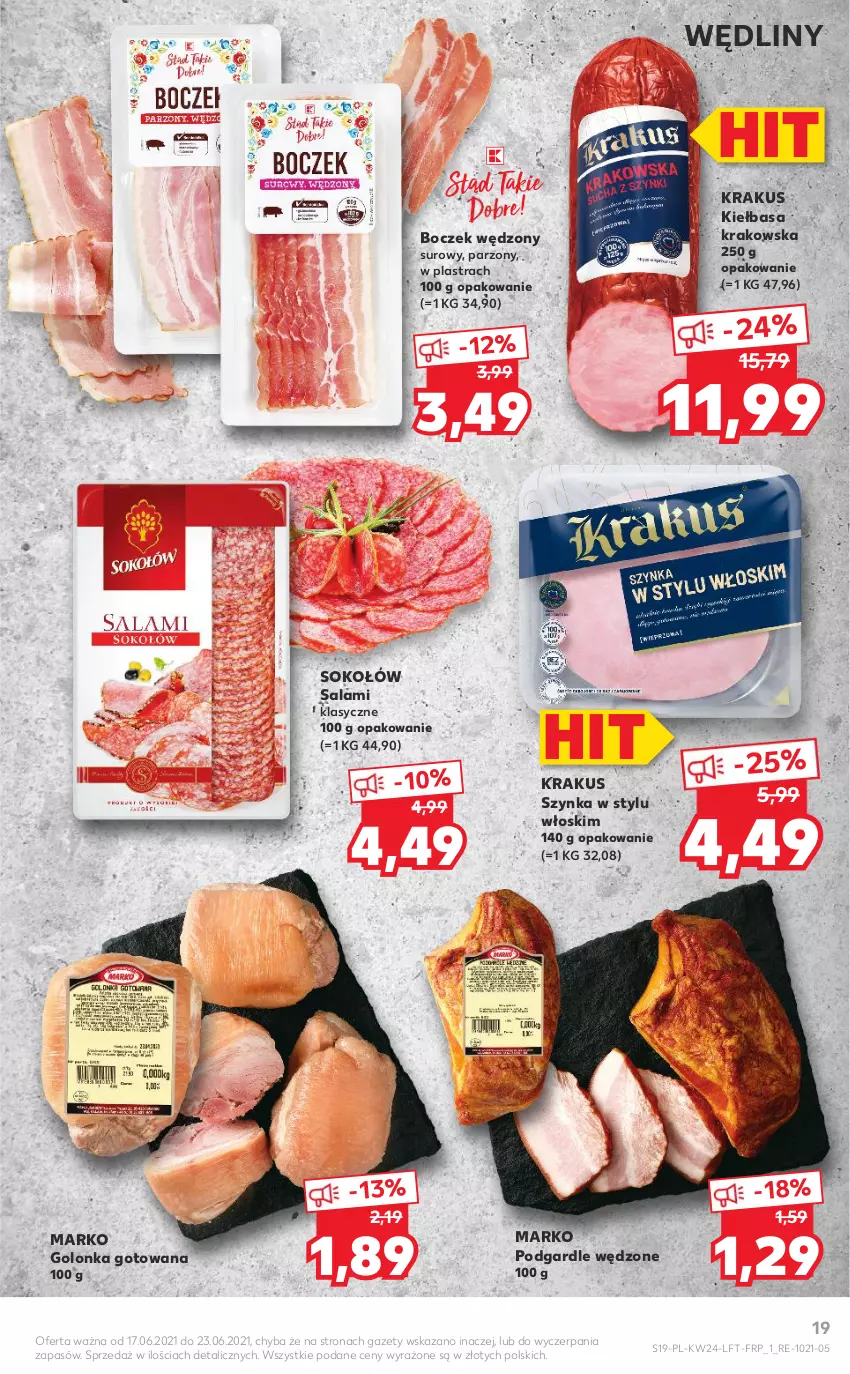 Gazetka promocyjna Kaufland - OFERTA TYGODNIA - ważna 17.06 do 23.06.2021 - strona 19 - produkty: Boczek, Kiełbasa, Kiełbasa krakowska, Krakus, Salami, Sok, Sokołów, Szynka