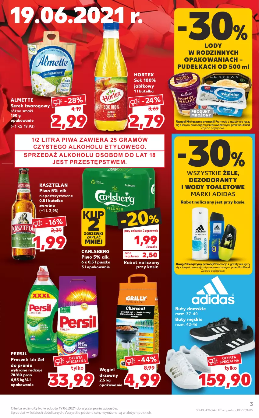 Gazetka promocyjna Kaufland - OFERTA TYGODNIA - ważna 17.06 do 23.06.2021 - strona 3 - produkty: Adidas, Almette, Buty, Carlsberg, Dezodorant, Hortex, Kasztelan, Lody, Persil, Piwa, Piwo, Ser, Serek, Serek twarogowy, Sok, Waga, Węgiel drzewny