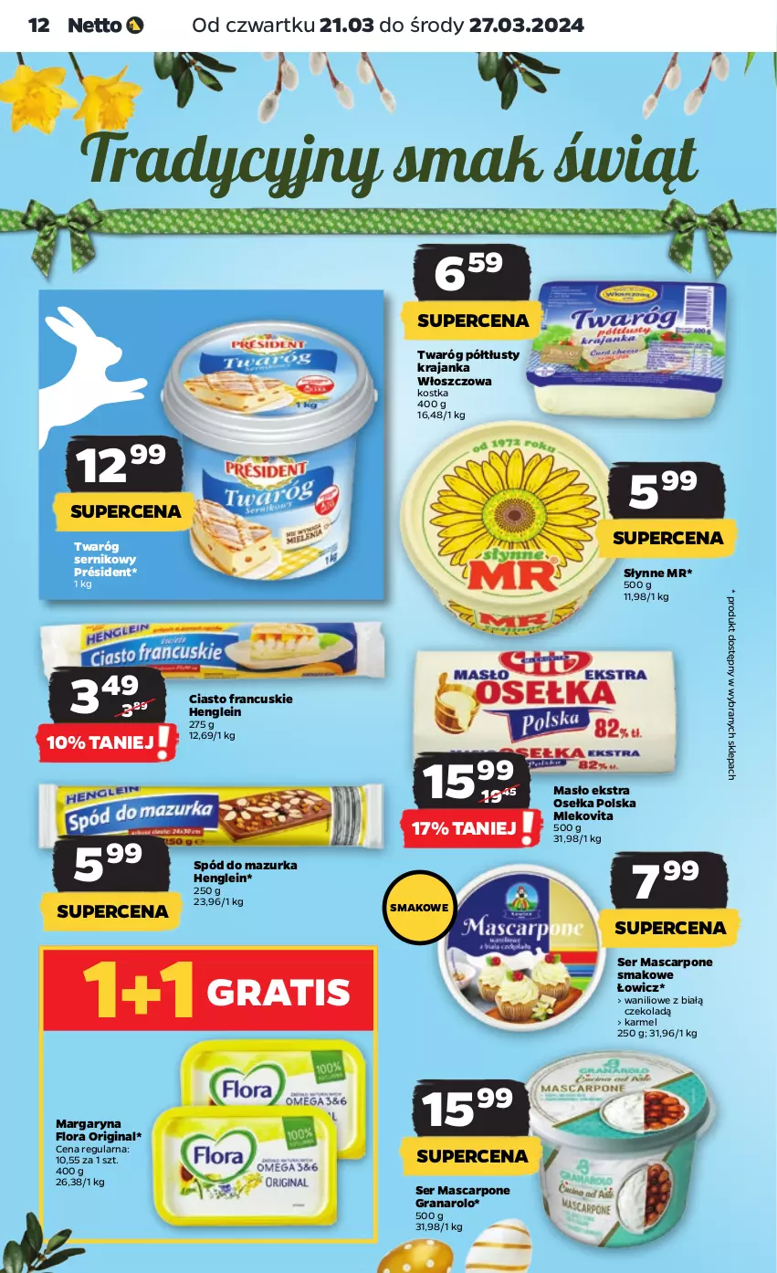 Gazetka promocyjna Netto - Artykuły spożywcze - ważna 21.03 do 27.03.2024 - strona 12 - produkty: Ciasto francuskie, Flora, Gin, Gra, Margaryna, Mascarpone, Masło, Mleko, Mlekovita, Président, Ser, Słynne, Twaróg, Twaróg półtłusty