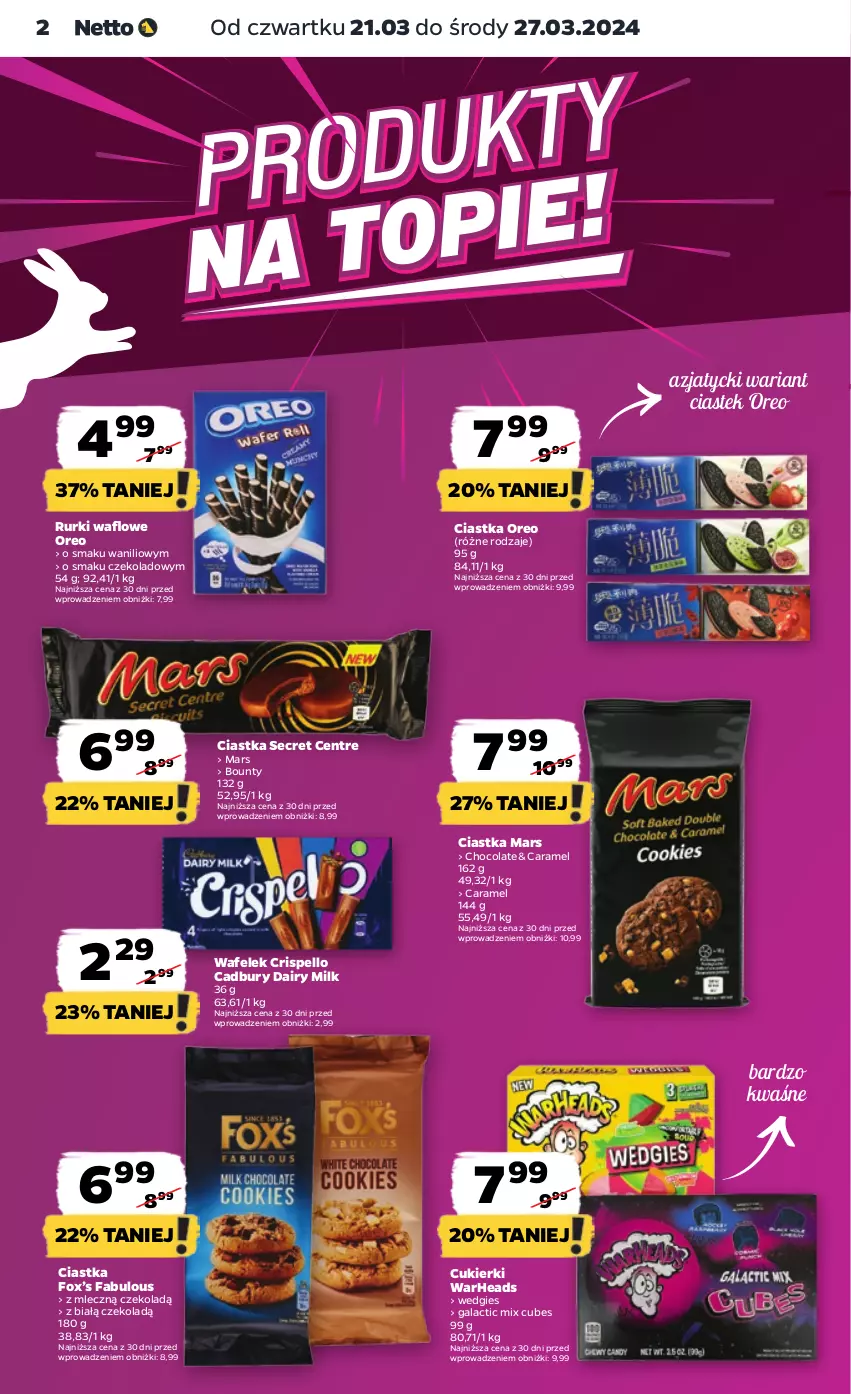 Gazetka promocyjna Netto - Artykuły spożywcze - ważna 21.03 do 27.03.2024 - strona 2 - produkty: Bounty, Ciastka, Cukier, Cukierki, Fa, Gala, Mars, Oreo, Rurki, Stek, Wafelek