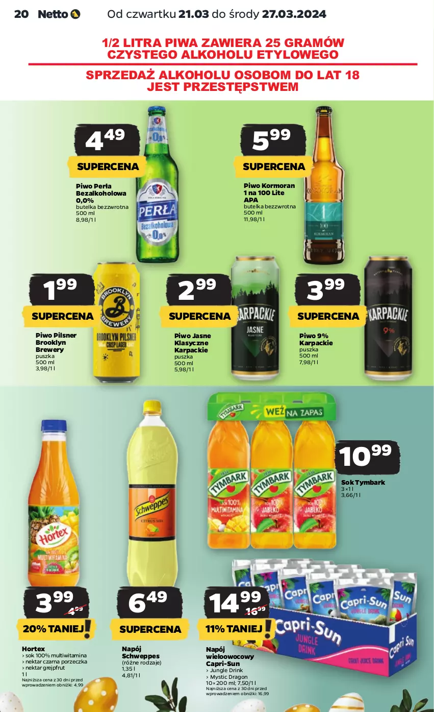 Gazetka promocyjna Netto - Artykuły spożywcze - ważna 21.03 do 27.03.2024 - strona 20 - produkty: Gra, Grejpfrut, Hortex, Karp, Napój, Nektar, Perła, Piwa, Piwo, Piwo jasne, Por, Schweppes, Sok, Tymbark