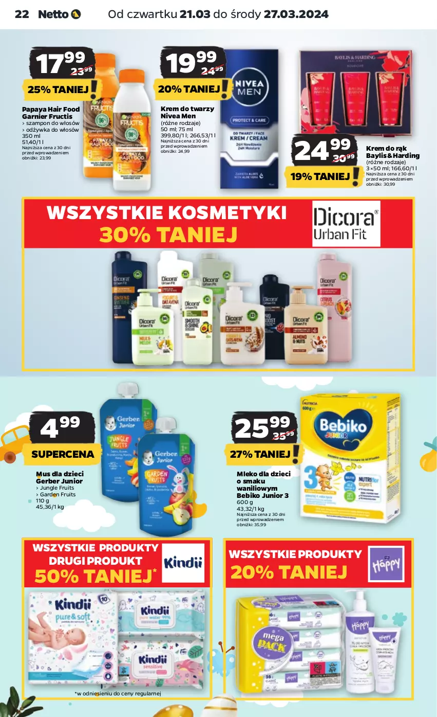 Gazetka promocyjna Netto - Artykuły spożywcze - ważna 21.03 do 27.03.2024 - strona 22 - produkty: Bebiko, Dzieci, Fructis, Garnier, Gerber, Krem do rąk, Krem do twarzy, Mleko, Mleko dla dzieci, Mus, Nivea, Nivea Men, Odżywka, Szampon