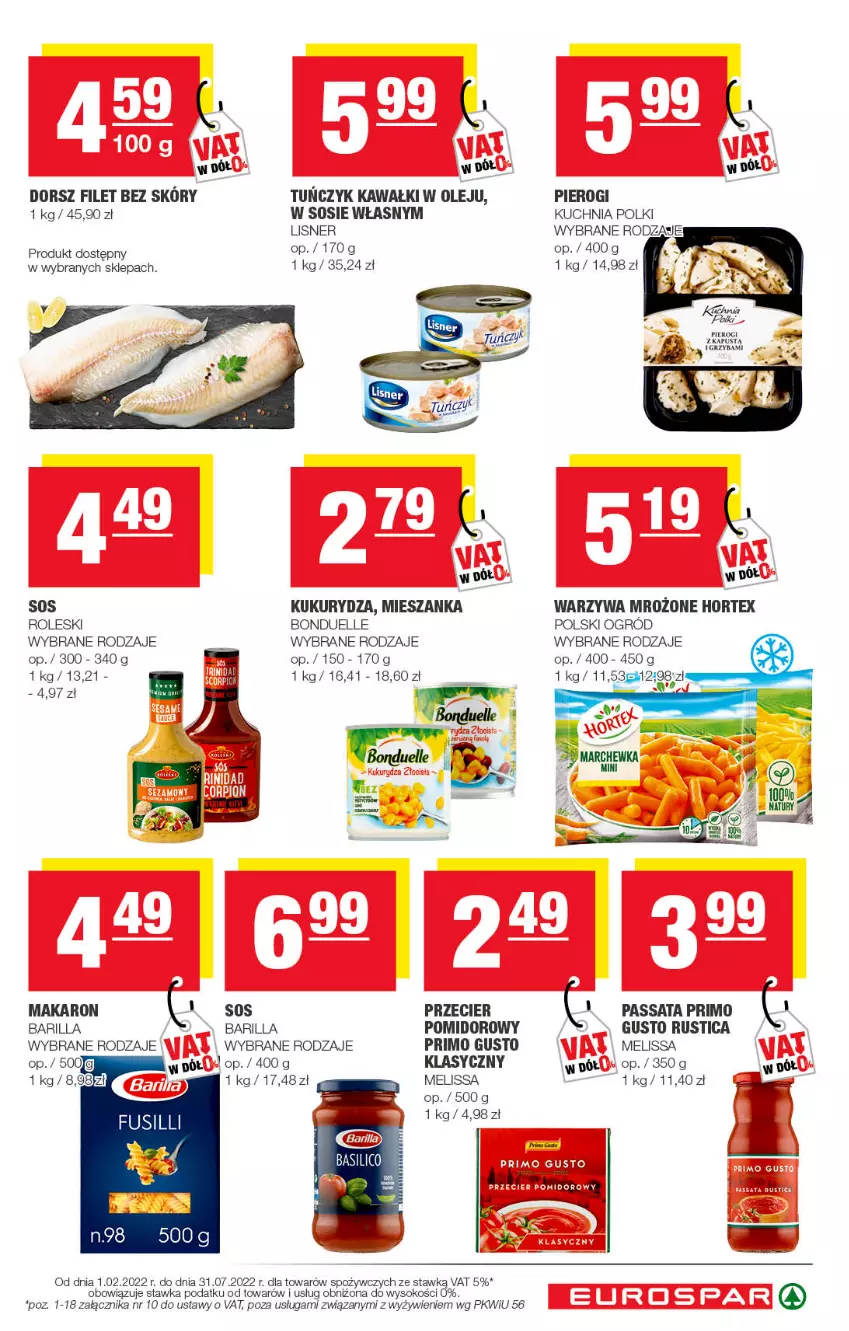 Gazetka promocyjna Spar - EuroSpar - ważna 19.04 do 29.04.2022 - strona 9 - produkty: Barilla, Bonduelle, Dorsz, Hortex, Kawa, Kuchnia, Kukurydza, Lisner, Makaron, Ogród, Olej, Pierogi, Rust, Sok, Sos, Warzywa