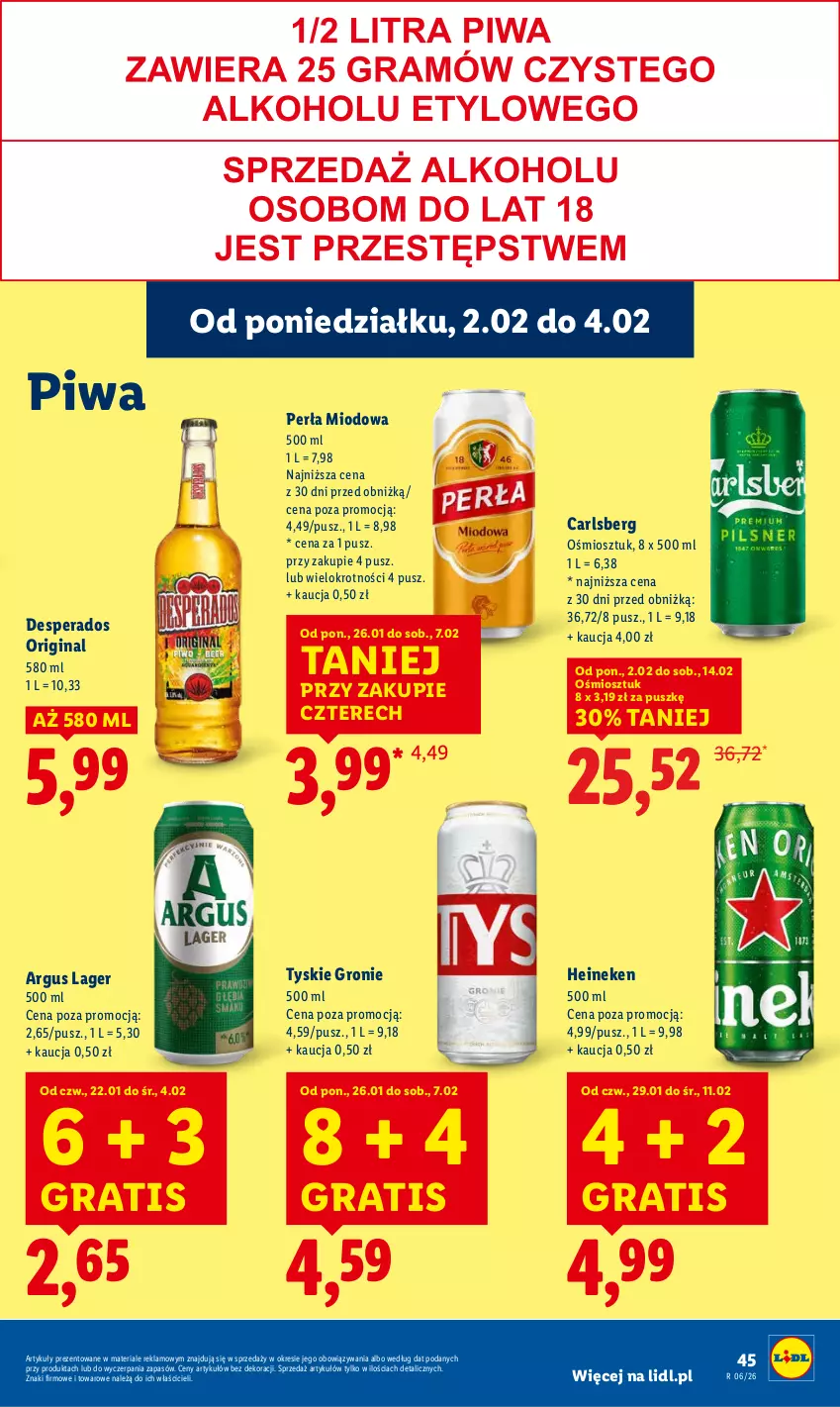 Gazetka promocyjna Lidl - GAZETKA - ważna 02.02 do 04.02.2026 - strona 45 - produkty: Carlsberg, Desperados, Gin, Gra, Heineken, Perła, Piwa, Tyskie