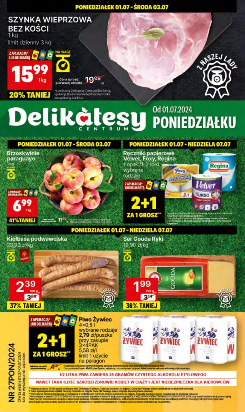 Gazetka promocyjna Delikatesy Centrum - NOWA GAZETKA Delikatesy Centrum od 1 lipca! 1-7.07.2024 - ważna 01.07 do 07.07.2024 - strona 1 - produkty: Dron, Foxy, Gin, Gra, Kiełbasa, Kiełbasa podwawelska, Papier, Piec, Piwa, Ręcznik, Ręczniki papierowe, Szynka, Szynka wieprzowa, Velvet, Wawel