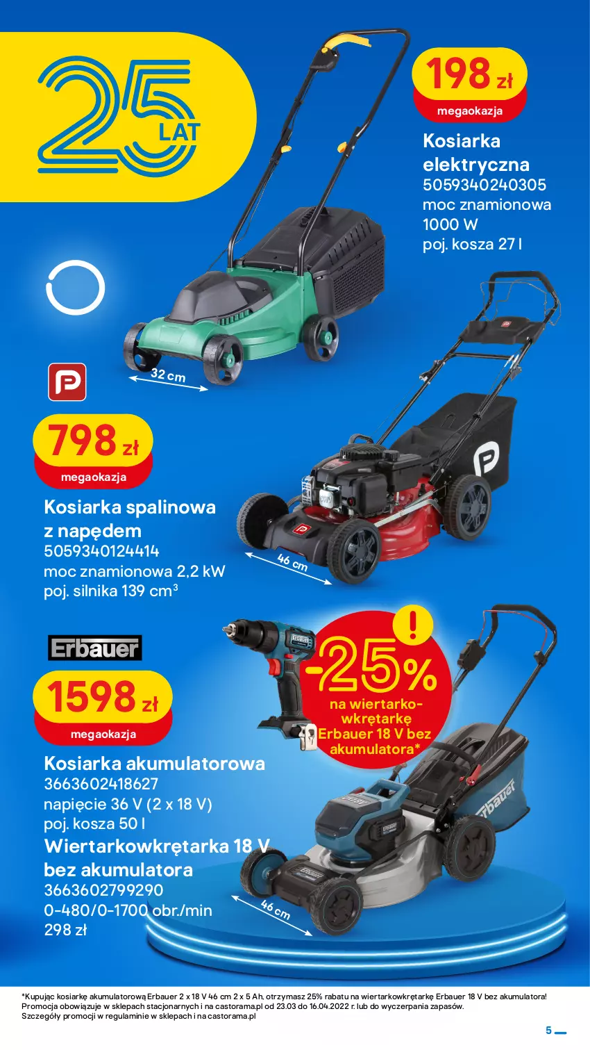 Gazetka promocyjna Castorama - Gazetka Castorama - ważna 23.03 do 16.04.2022 - strona 5 - produkty: Akumulator, Astor, Kärcher, Kosiarka, Kosiarka spalinowa z napędem, Kosz, Myjka ciśnieniowa, Noż, Nożyce, Rama, Stojak, Tarka, Wiertarkowkrętarka, Wkręt, Wkrętarka