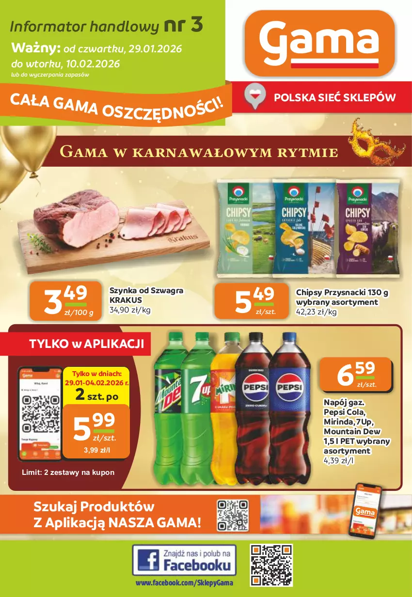 Gazetka promocyjna Gama - Gazetka Gama - ważna 29.01 do 10.02.2026 - strona 1 - produkty: 7up, Chipsy, Fa, Gra, Krakus, Mirinda, Napój, Pepsi, Przysnacki, Szynka