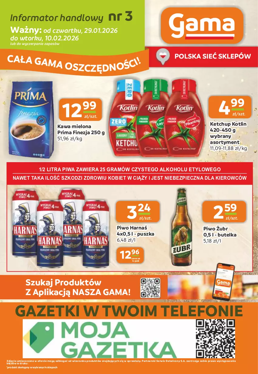 Gazetka promocyjna Gama - Gazetka Gama - ważna 29.01 do 10.02.2026 - strona 12 - produkty: Gra, Harnaś, Kawa, Kawa mielona, Ketchup, Kotlin, Piec, Piwa, Piwo, Prima, Ser, Telefon