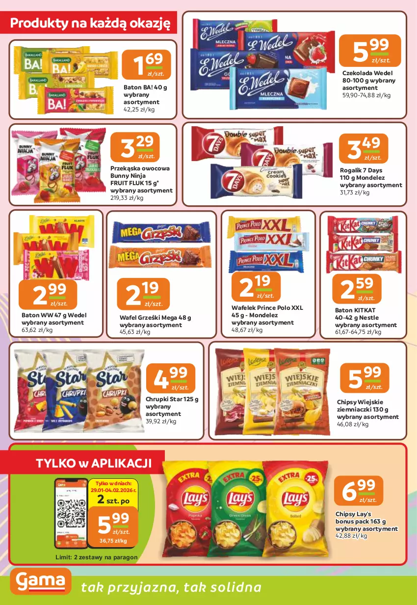 Gazetka promocyjna Gama - Gazetka Gama - ważna 29.01 do 10.02.2026 - strona 4 - produkty: 7 Days, Ba!, Baton, Chipsy, Chrupki, Czekolada, Grześki, Prince Polo, Rogal, Wafelek