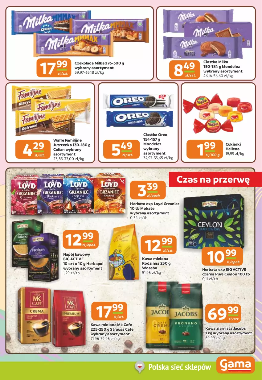 Gazetka promocyjna Gama - Gazetka Gama - ważna 29.01 do 10.02.2026 - strona 5 - produkty: Ciastka, Cukier, Cukierki, Czekolada, Fa, Hellena, Herbapol, Herbata, Jacobs, Jutrzenka, Kawa, Kawa mielona, Kawa ziarnista, Loyd, Milka, Napój, Oreo, Pur, Woseba