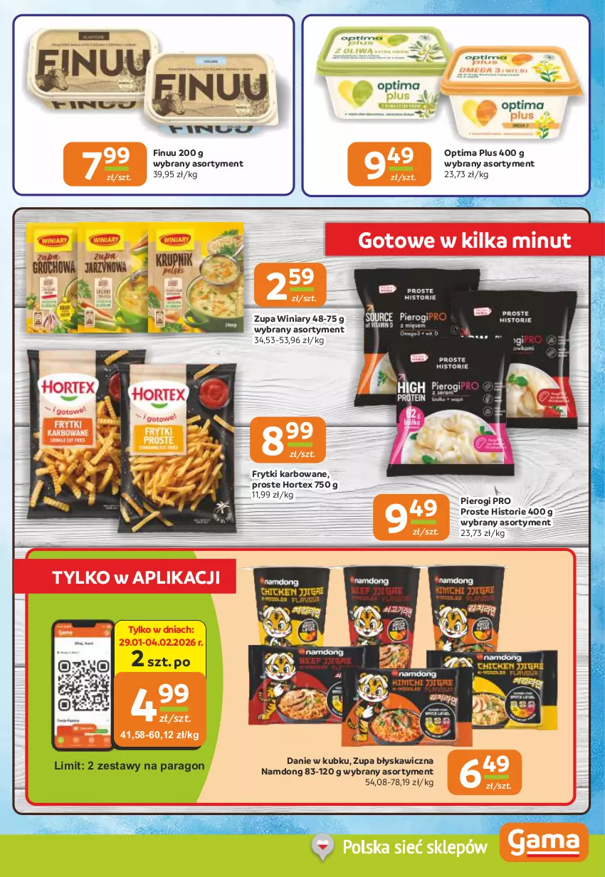 Gazetka promocyjna Gama - Gazetka Gama - ważna 29.01 do 10.02.2026 - strona 7 - produkty: Finuu, Frytki, Hortex, Optima, Pierogi, Winiary, Zupa