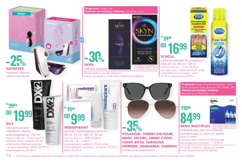 Gazetka promocyjna Super Pharm - Gazetka - ważna 20.06 do 12.07.2023 - strona 14 - produkty: Carolina Herrera, Carrera, Chusteczki, Dezodorant, DX2, Hugo Boss, Jacobs, Jimmy Choo, Masażer, Płyn do soczewek, Por, Prezerwatyw, Sati, Scholl, Skyn, Szampon, Unimil