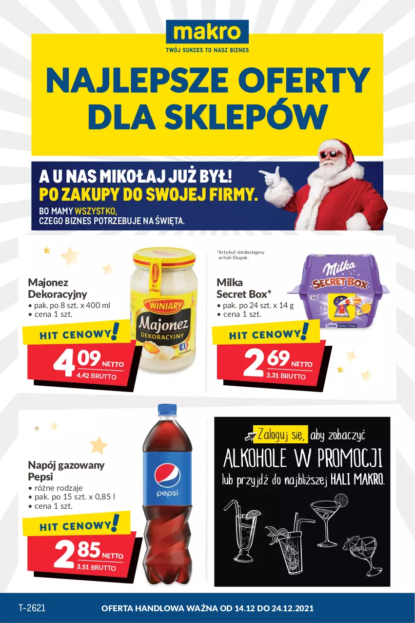 Gazetka promocyjna Makro - [Oferta promocyjna] Artykuły spożywcze i przemysłowe - ważna 14.12 do 26.12.2021 - strona 1 - produkty: Majonez, Milka, Napój, Napój gazowany, Pepsi