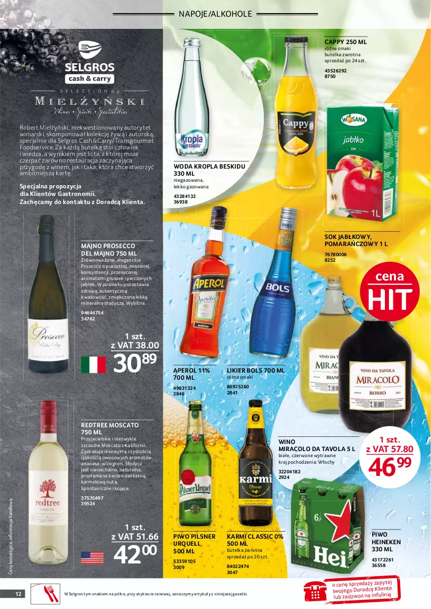 Gazetka promocyjna Selgros - Oferta gastronomiczna - ważna 22.07 do 04.08.2021 - strona 12 - produkty: Alkohole, Ananas, Aperol, Bols, Cappy, Heineken, Karmi, LG, Likier, Napoje, Piec, Pilsner Urquell, Piwo, Prosecco, Ser, Sok, Sok jabłkowy, Tran, Wino, Woda