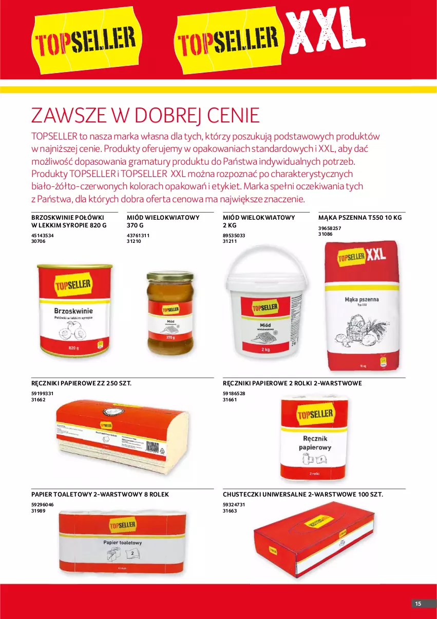 Gazetka promocyjna Selgros - Oferta gastronomiczna - ważna 22.07 do 04.08.2021 - strona 15 - produkty: Brzoskwinie, Chusteczki, Gra, Mąka, Mąka pszenna, Miód, O nas, Papier, Papier toaletowy, Rama, Ręcznik, Ręczniki papierowe, Rolki, Syrop, Top