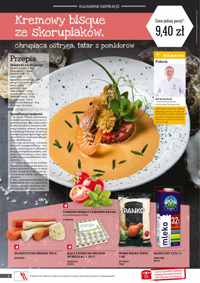 Gazetka promocyjna Selgros - Oferta gastronomiczna - ważna 22.07 do 04.08.2021 - strona 2 - produkty: Bułka, Bułka tarta, Cebula, Jaja, Kiełki, Koncentrat pomidorowy, Kosz, Krewetki, LG, Mąka, Mąka pszenna, Mięta, Mleko, Oliwa z oliwek, Ostrygi, Pieprz, Pomidory, Por, Przyprawy, Sól, Talerz, Tarta, Tran